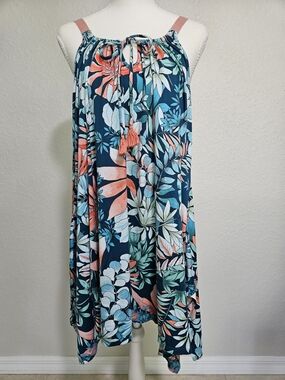 Floral Tie-Neck Chemise Slip in Teal & Coral